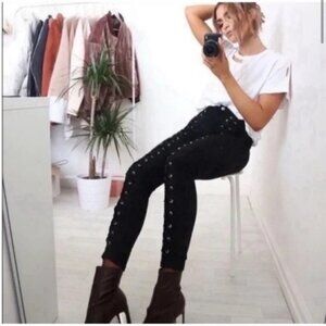 Neon Blonde Lace Up Skinny Jeans Denim Pants Blondie Mid Rise Black 25